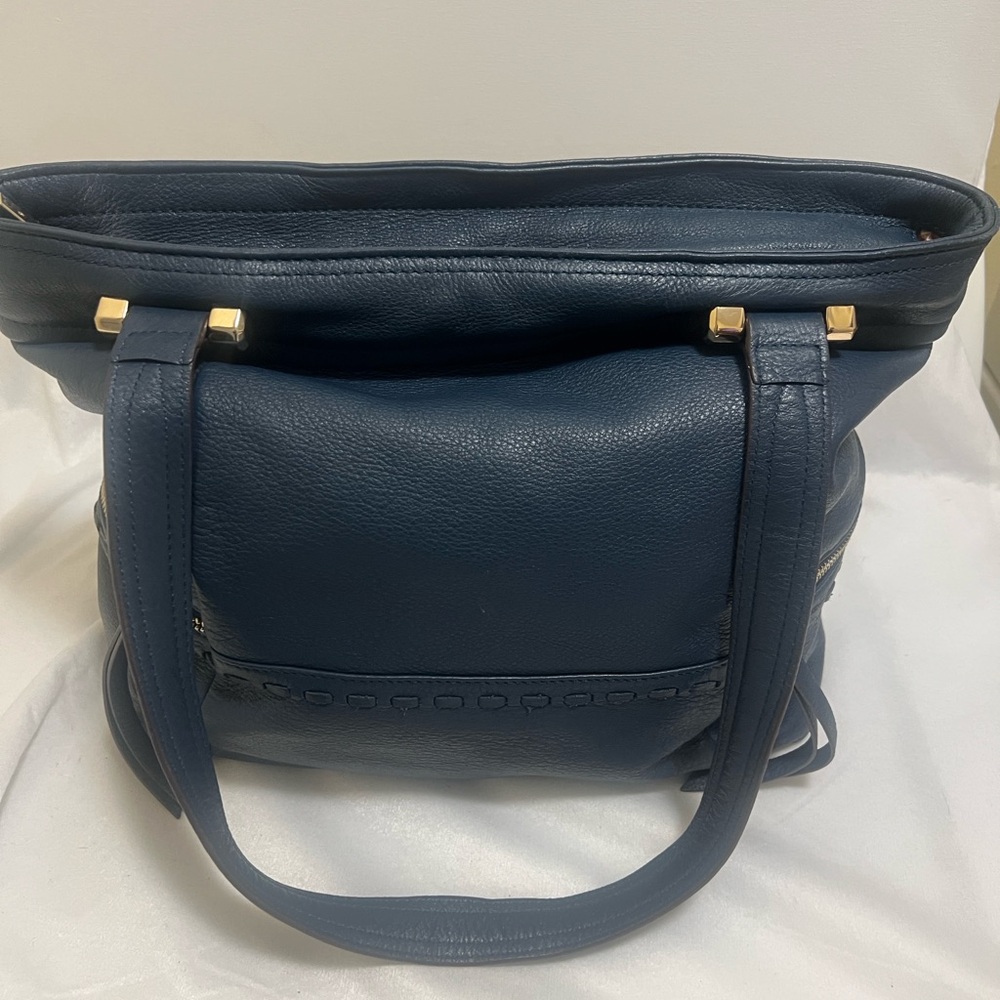B. Makowsky Dark Blue Leather Shoulder Bag with Gold Details